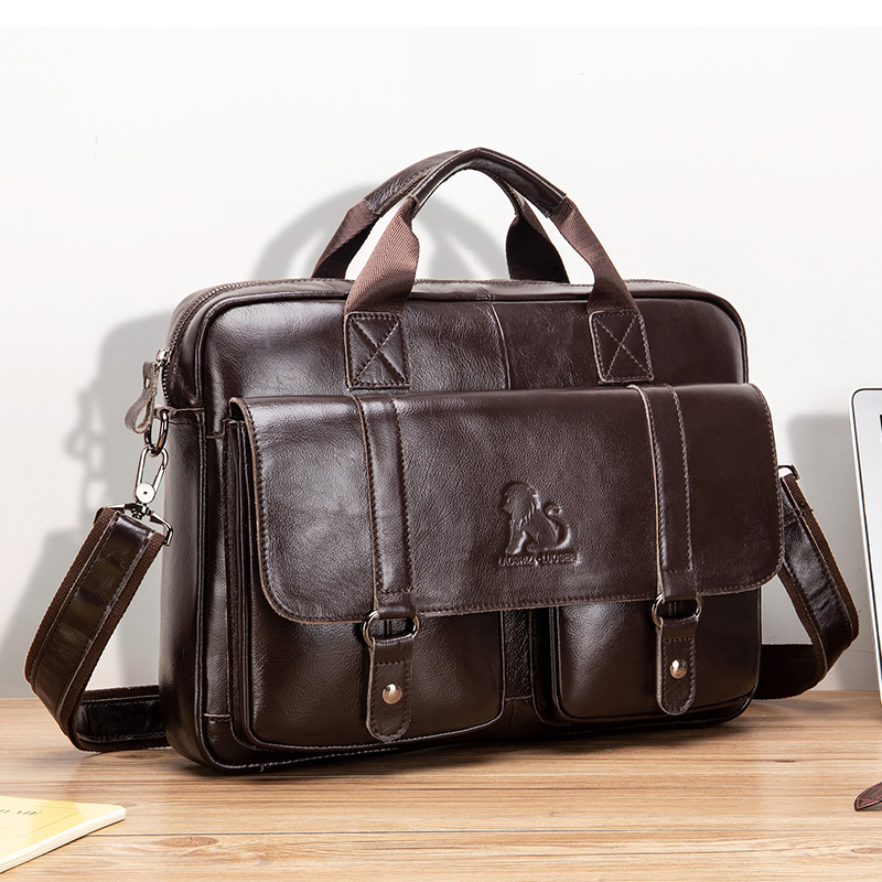 Laptop Bag Leather 15 - Genuine leather men's briefcase with double