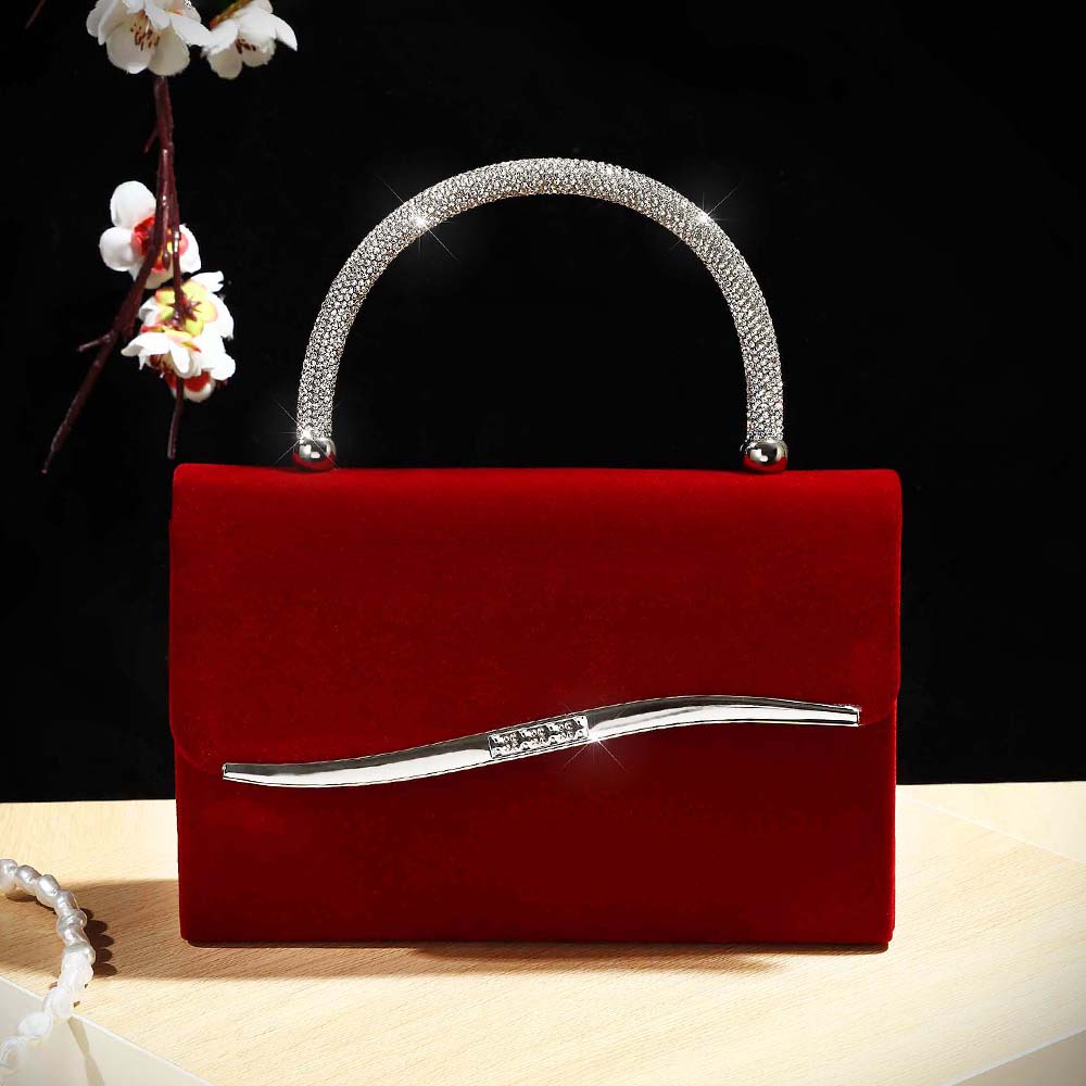 Luxury Bags Reseller - New wine red velvet diamond-encrusted handbag